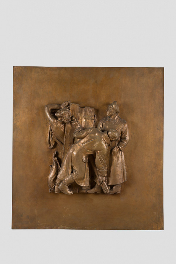 Rudolf Pribiš – Tvár fašizmu - reliéf z vonkajšej strany dverí na Slavíne 