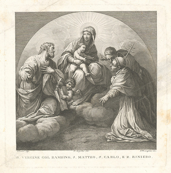 Francesco Rosaspina, Alessandro Tiarini, Napoleone Angiolini – Madona s dieťaťom uctievaná sv. Matejom, sv. Karolom Boromejským a blahoslaveným Rinierom 