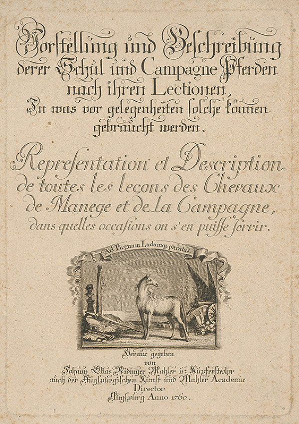 Johann Elias Ridinger – Titulná strana ukážkovej knihy koní 