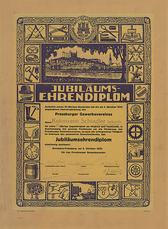 Carl Angermayer, Karol Frech – Jubilejný čestný diplom Bratislavského živnostenského spolku