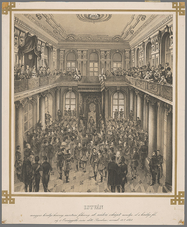 Stredoeurópsky grafik z 1. polovice 19. storočia – Palatín Štefan skladá prísahu pred snemom a kráľom 