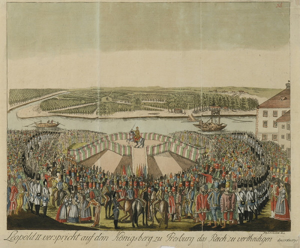 Johann Hieronymus Löschenkohl – Prísaha Leopolda II. na korunovačnom vŕšku v Bratislave 