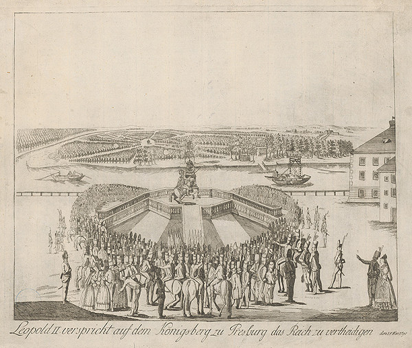 Stredoeurópsky grafik z 18. storočia – Prísaha Leopolda II. na korunovačnom vŕšku v Bratislave 
