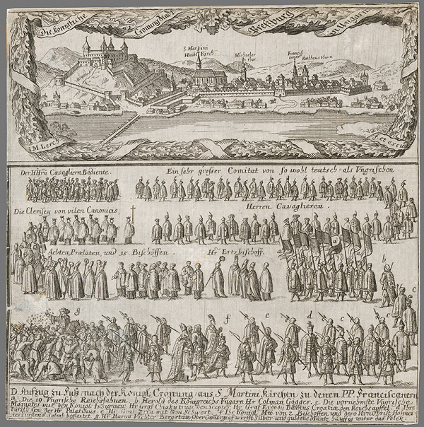 Johann Martin Lerch – Pohľad na Bratislavu z juhu a korunovačný sprievod Jozefa I. 