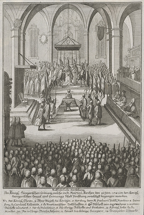 Stredoeurópsky grafik z 18. storočia –  Korunovácia Márie Terézie v dóme roku 1741 