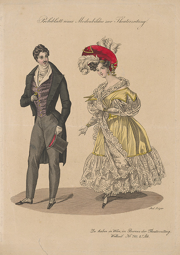 Andreas Geiger – Módny list - pár oblečený do sviatočného šatu (biedermayer) 