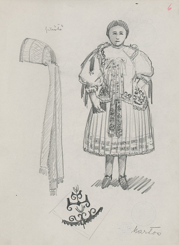 Maďarský grafik z 20. storočia – Dievča v kroji a príslušné ozdoby 