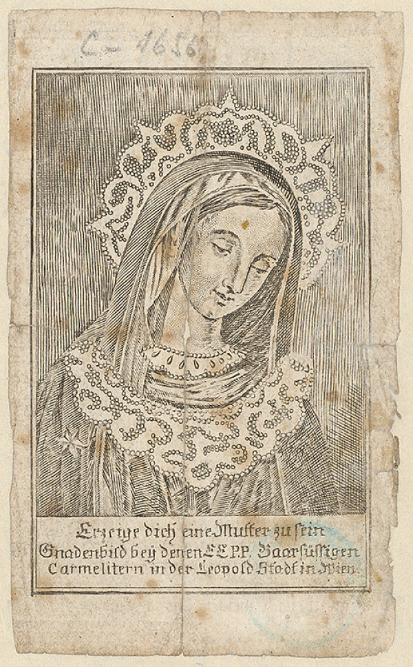 Stredoeurópsky grafik z 19. storočia – Svätý obrázok s vyobrazením Milosrdného obrazu Panny Márie "so sklonenou hlavou" bosých karmelitánov v Leopoldstadte vo Viedni 