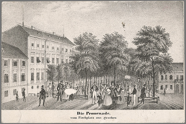 Antal József Strohmayer, Johann Höfelich, C.F. Wigand – Pohľad na bratislavskú promenádu z  Rybného námestia 