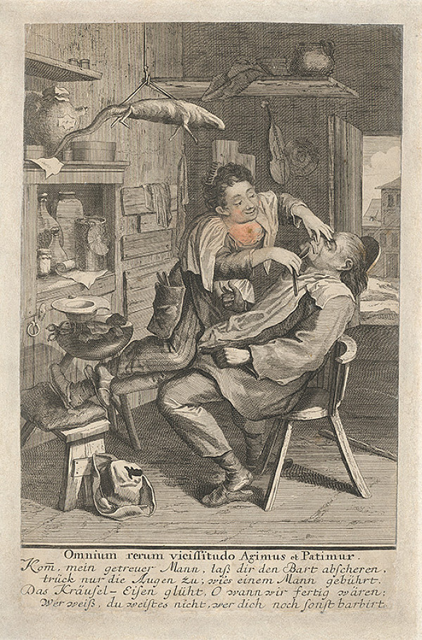 Stredoeurópsky grafik z 18. storočia – Žena holí svojho muža 