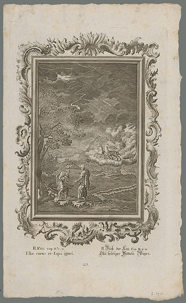 Stredoeurópsky grafik z 18. storočia – Eliáš, Elizeus a ohnivý voz 