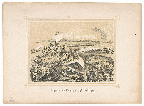 Stredoeurópsky grafik z 2. polovice 19. storočia – Pochod pruských vojakov na Bratislavu 
