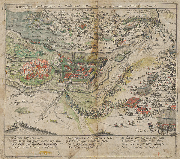 Stredoeurópsky grafik zo 16. storočia – Útok na mesto a hrad Raab tureckou armádou 