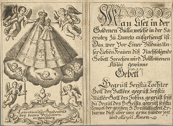 Stredoeurópsky grafik z 18. storočia – Milosrdná socha Loretánskej Panny Márie  v Bratislave (Panna Mária Loretánska) 