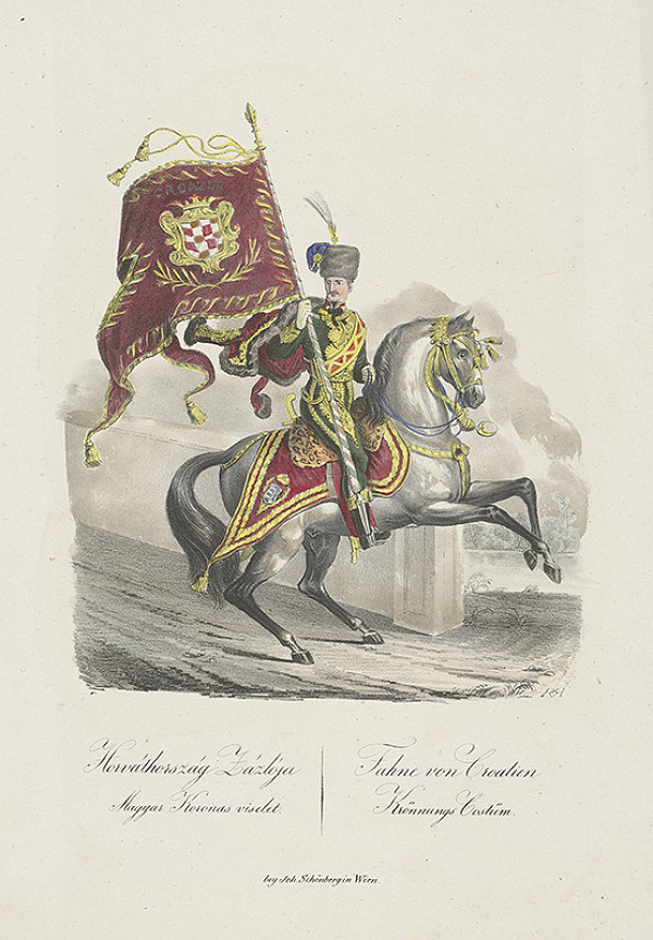 Stredoeurópsky grafik z 19. storočia – Vlajkonosič chorvátskej zástavy pri korunovácii Ferdinanda V. 