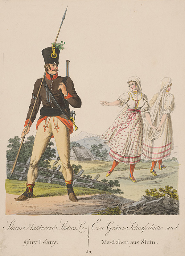 Stredoeurópsky grafik z 19. storočia – Hraničiar a dievčatá zo Sluiny 