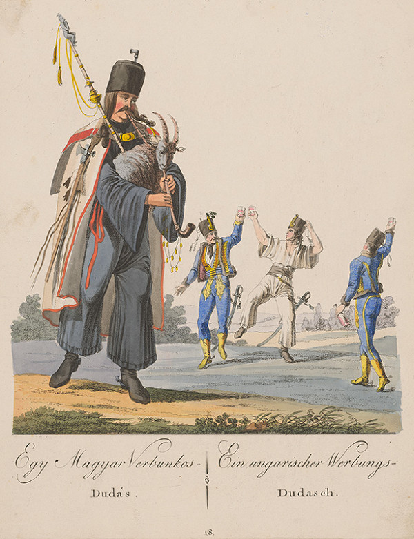 Stredoeurópsky grafik z 19. storočia – Maďarský verbunský gajdoš 