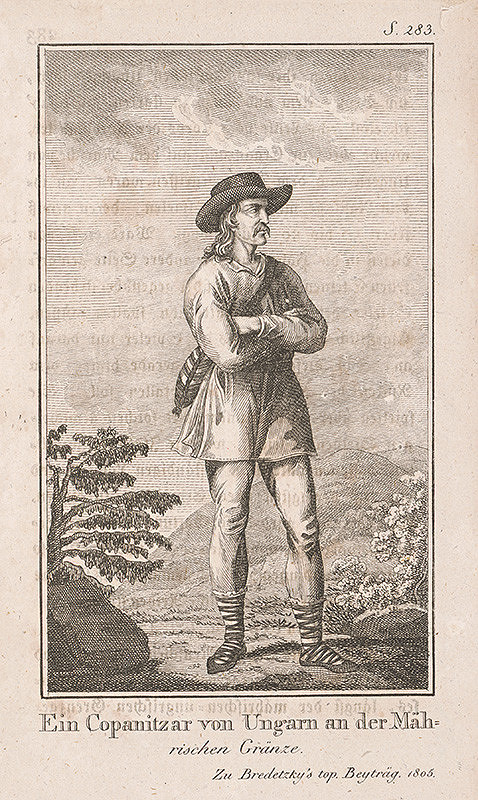 Stredoeurópsky grafik z 1. polovice 19. storočia – Maďarský kopaničiar od Moravských hraníc 