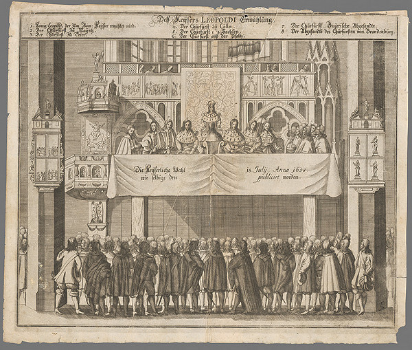Nemecký grafik zo 17. storočia – Vyhlásenie voľby Leopolda I. za rímsko-nemeckého cisára 