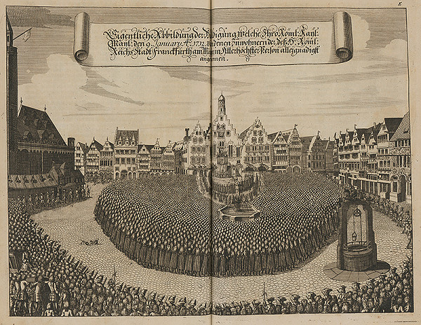 Nemecký grafik z 1. polovice 18. storočia – Panovník prijíma holdovanie obyvateľov Frank. nad Mohanom 