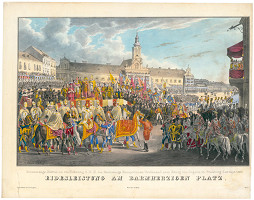 Eduard Gurk – Korunovácia Ferdinanda V. v Bratislave, prísaha na námestí Milosrdných bratov 