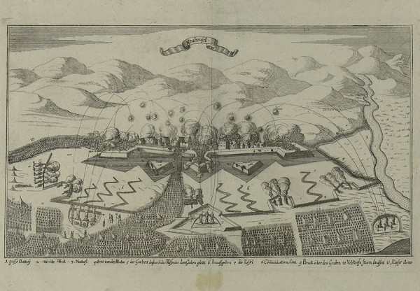 Neznámy autor – Nové Zámky, bitka v roku 1685. Z diela: Wagner, Delineatio Provinciarum Pannoniae et ... 