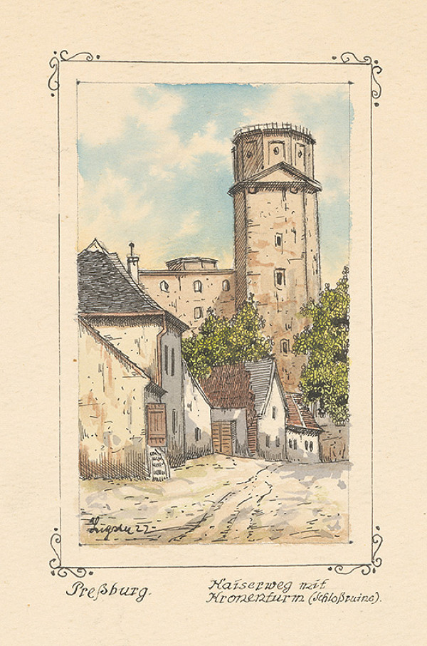 Slovenský kresliar z 1. polovice 20. storočia – Pohľad na korunovačnú vežu Bratislavského hradu 