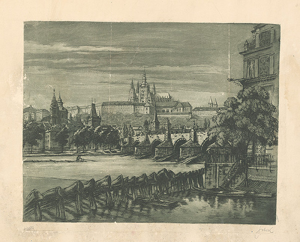 Stredoeurópsky grafik z 1. polovice 20. storočia – Pohľad na Karlov most a Hradčany v Prahe 