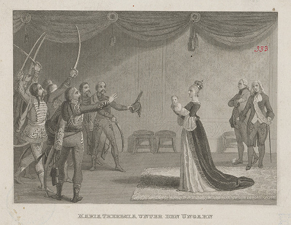 Rakúsky grafik z 18. storočia – Mária Terézia na uhorskom sneme 1741 