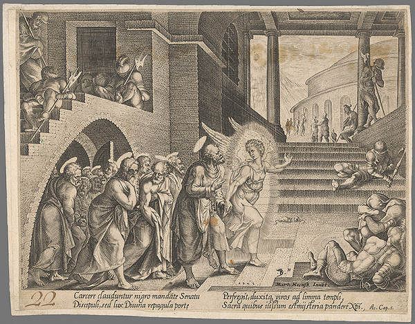 Maerten van Heemskerck – Anjel Gabriel vedie apoštolov z väzenia 