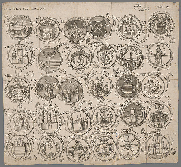 Nemecký grafik z 18. storočia – Pečate tridsiatich uhorských miest  