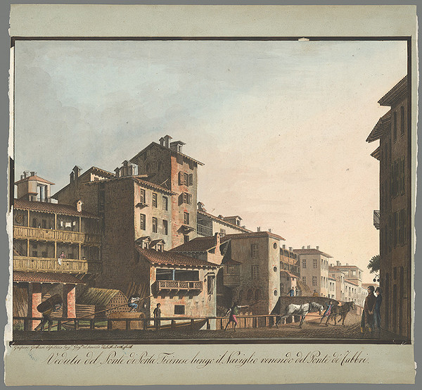 Gaspare Galliari – Most Ponte Ticinese s domami v Miláne 