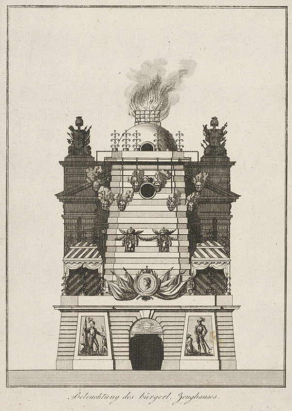 Rakúsky maliar z 19. storočia – Slávobrána a osvetlenie pri príležitosti návratu cisára Františka II. z vojny 