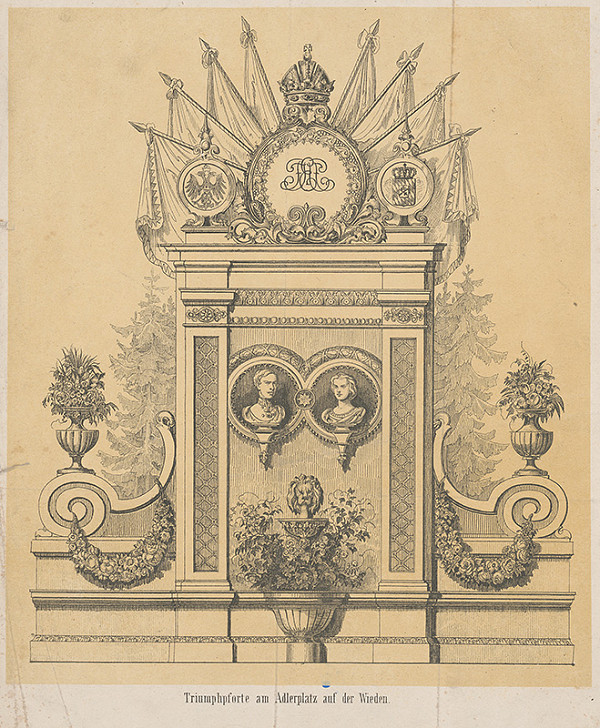 Rakúsky maliar z 19. storočia – Slávnostná brána na Adlerplatzi vo Viedni 