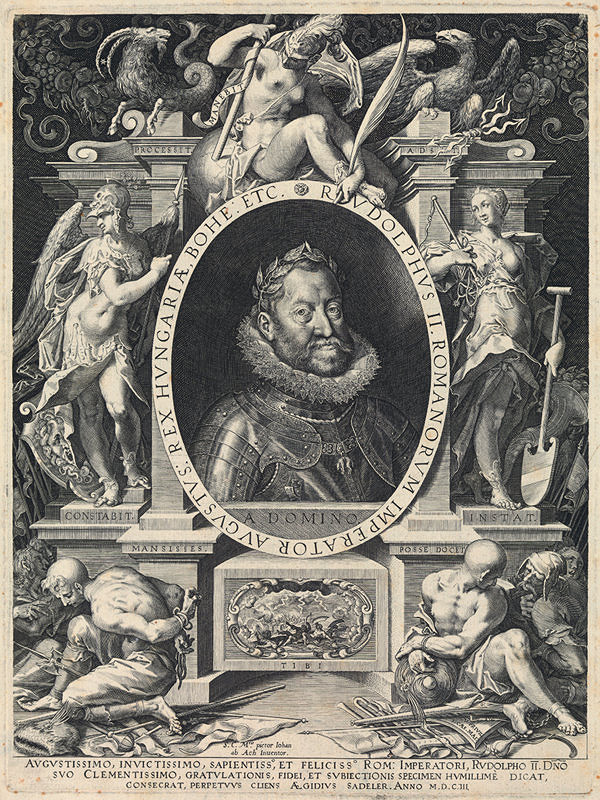 Aegidius Sadeler II., Hans von Aachen – Alegorický portrét cisára Rudolfa II. 