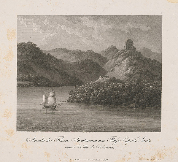 Nemecký maliar z 19. storočia – Pohľad na skalu Jucutucoara pri rieke Espirito Santo neďaleko Villa de Victoria 