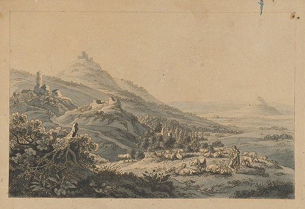 Český maliar z 19. storočia – Krajinka s vrchmi 