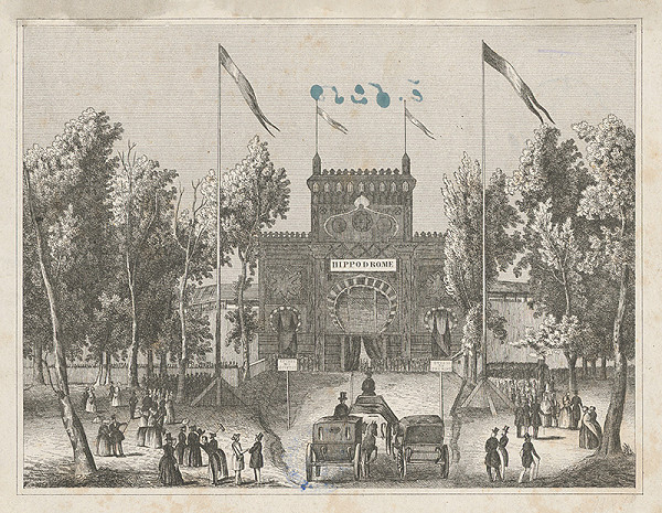 Rakúsky maliar z 19. storočia – Fasáda jazdiarne Hyppodrome vo Viedni 