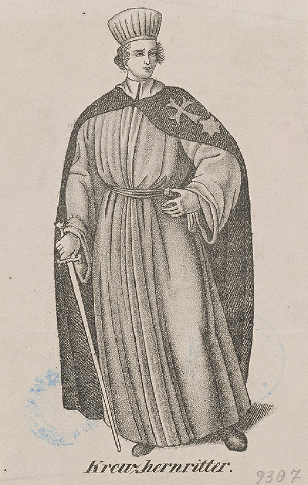 Stredoeurópsky grafik z 19. storočia – Rytier rádu krížovníkov-špitálníkov s červenou hviezdou 