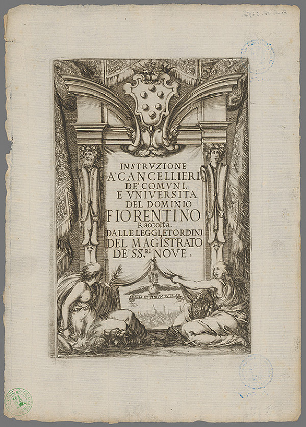 Stefano della Bella – Titulná strana knihy Instruzione a' cancellieri de' Comuni e Universita del dominio fiorentino Raccolta dalle leggi e ordini del magistrato de' SS.ri Nove. 