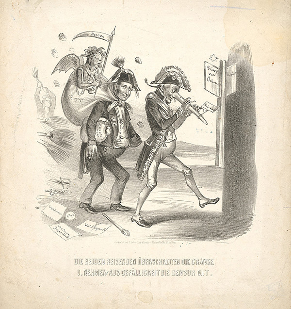 Stredoeurópsky grafik z 19. storočia – Karikatúra-dvaja cestovatelia 