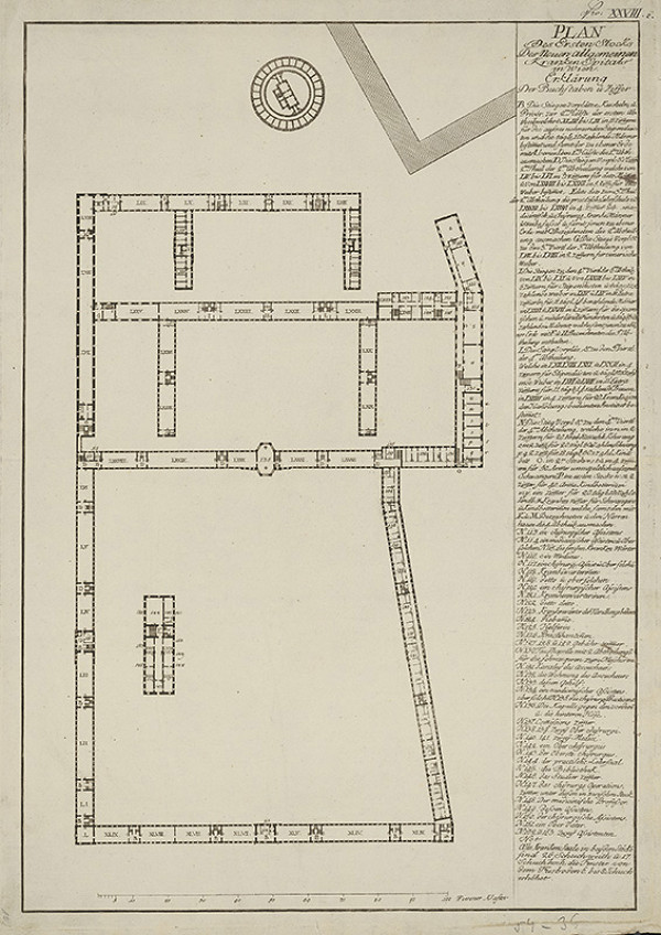 Rakúsky grafik z 19. storočia – Plán I. poschodia nemocnice vo Viedni 