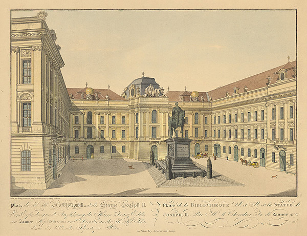 Carl Schütz – Dvorská bibliotéka so sochou Jozefa II. vo Viedni 
