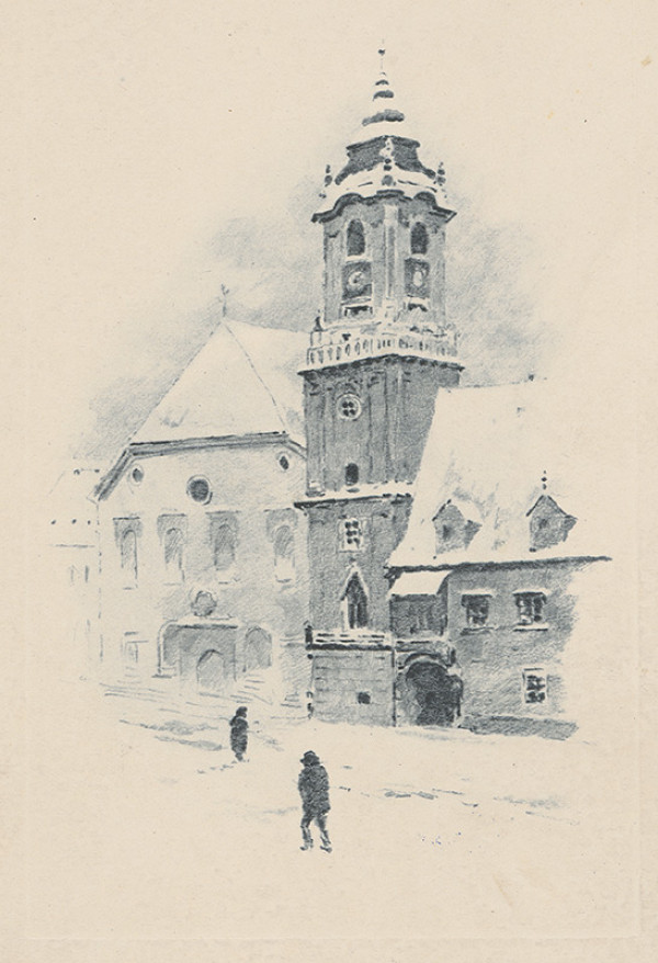 Stredoeurópsky grafik z 1. polovice 20. storočia – Radničná veža v zime 