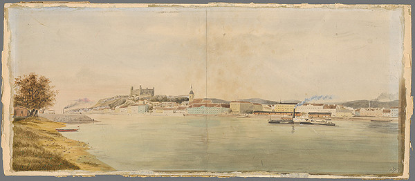 Stredoeurópsky grafik z 19. storočia – Pohľad na Bratislavu z pravého brehu Dunaja 