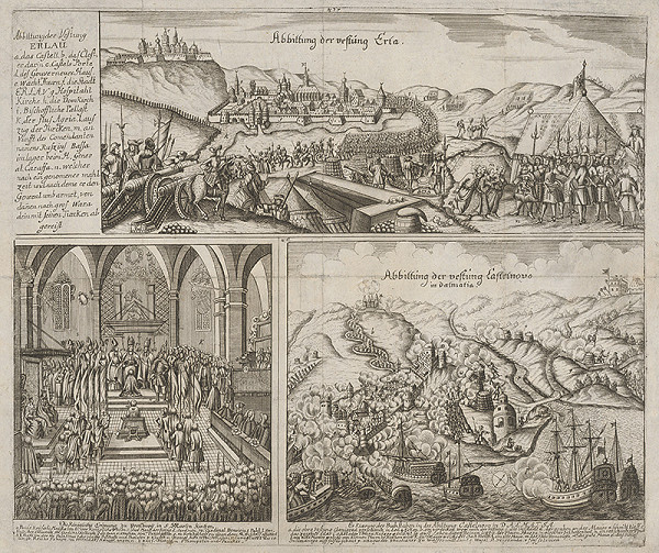 Stredoeurópsky grafik zo 17. storočia – Tri výjavy zo života kráľa: Korunovácia.Útek z hradu Erlau. Útek z hradu Castelnovo 