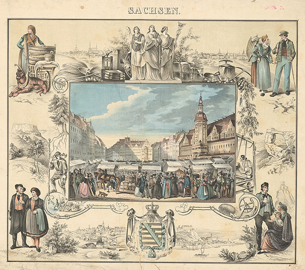 Nemecký grafik z 19. storočia – Trh na námestí v Sachsene 