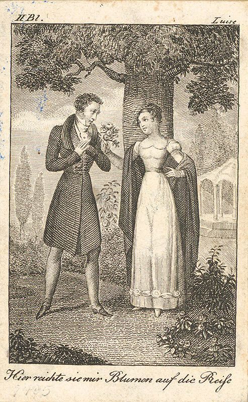 Nemecký grafik z 19. storočia – Lujza s milým v záhrade 