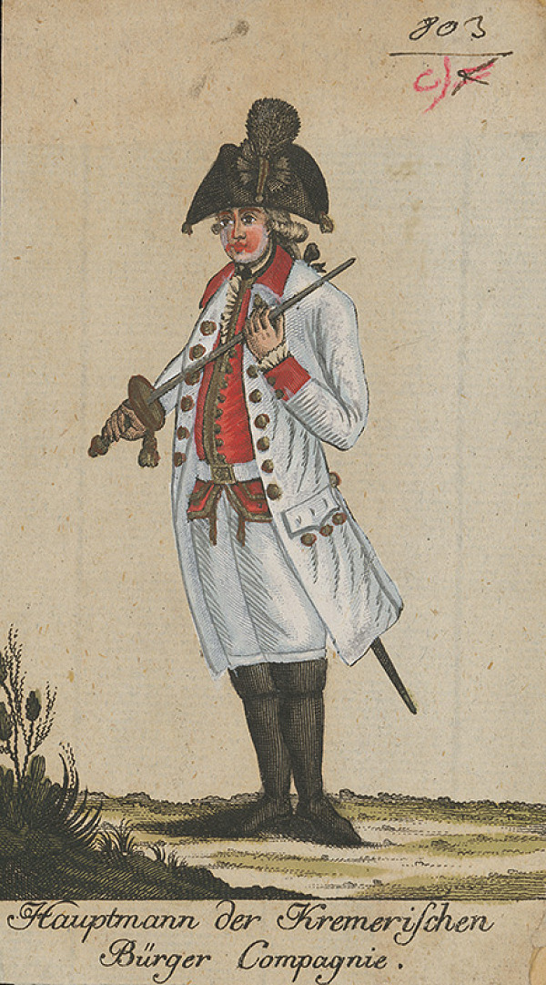 Stredoeurópsky grafik z 18. storočia – Vojenská uniforma meštianskeho pluku 