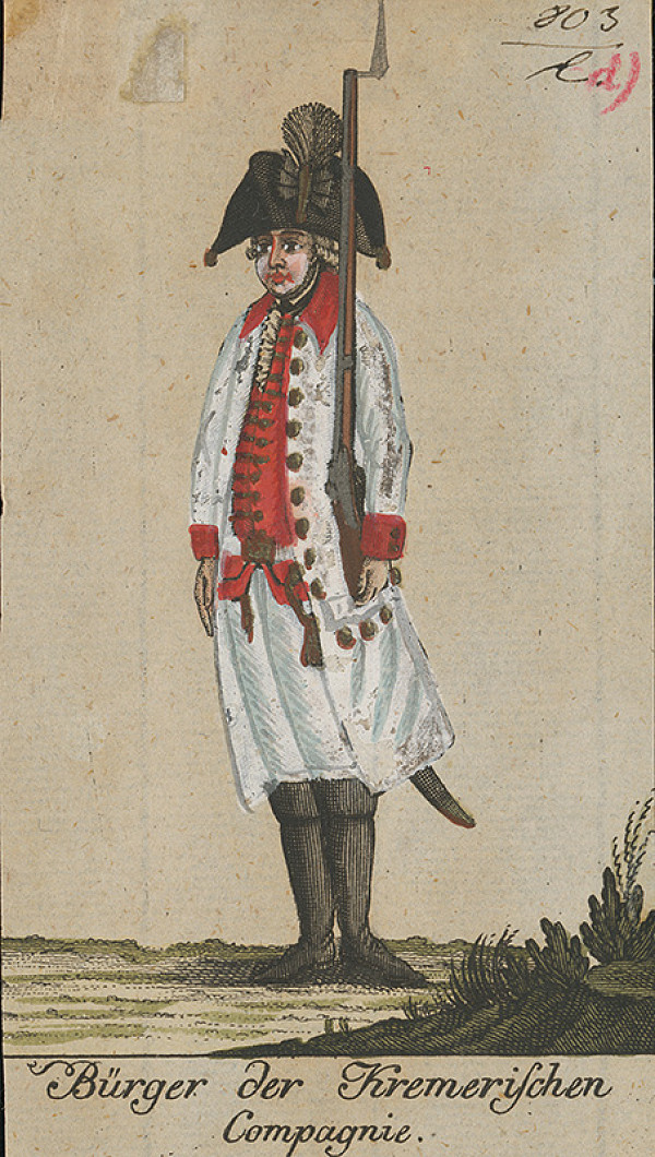 Stredoeurópsky grafik z 18. storočia – Mešťan vo vojenskej uniforme Kremerischského pluku 